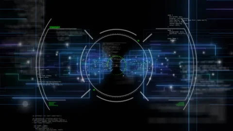 Opening crosshair initiating code panels and HUD ring sliding, pulsing into idle Stock Footage 312905439
