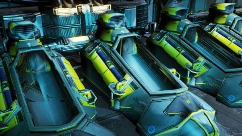 The opening of the cryo capsules on a spaceship. 3D Rendering Stock Illustration