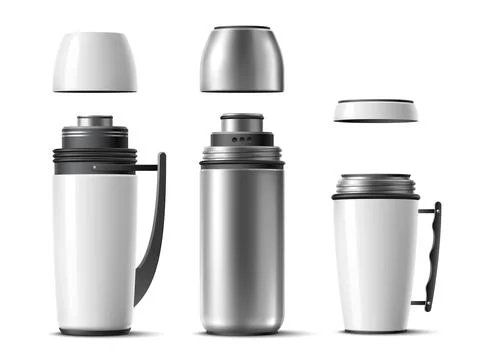 Opening cup thermos. Different types realistic opened thermo flasks with Stock Illustration