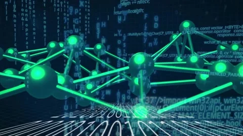 Opening curved binary grid guiding green sphere network pulsing and orbiting Stock Footage 317592987