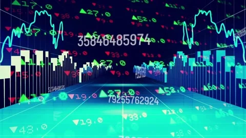 Opening cyan grid corridor bar charts fluctuating, line graph oscillating, Stock Footage 317116040