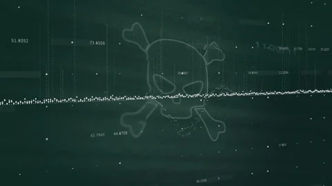 Opening cyber sequence showing skull emerging behind dots and data bars pulsing Stock Footage 315534762