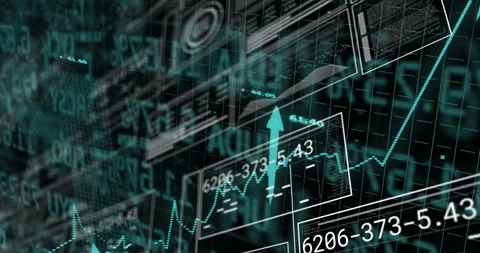 Opening with dark 3D grid receding, data panels sliding, values updating Stockbeeldmateriaal 314792054