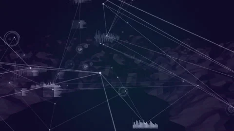 Opening on dark backdrop, cluster of white nodes spawning HUD graphs Stock Footage 312415894