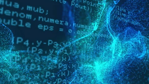 Opening dark backdrop starting rippling cloud, fading code fragments visualizing Stock Footage 309893980