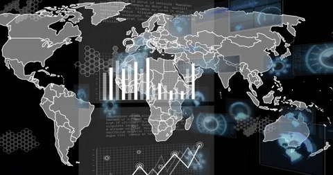 Opening dark background revealing world map outlines while layering charts nodes Stock Footage 317369218