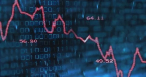 Opening with dark blue binary scrolling causing red chart fluctuating across Stock Footage 310325465