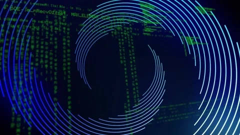 Opening on dark blue field, green code starting rings rotating expanding Stock Footage 335732130