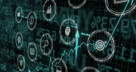 Opening dark dashboard launching scrolling teal graph, icons pulsing, arrow Stock Footage 317154881