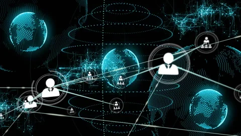 Opening dark field with rings, user-profile icon emerging, linking globes Stock Footage 314527493