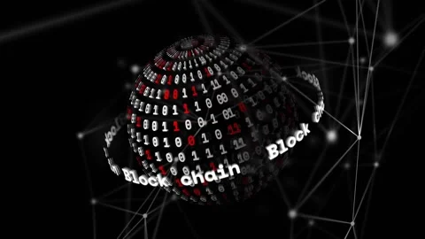 Opening on dark grid, binary globe spinning, orbiting Block chain text ring Stock Footage 319682449