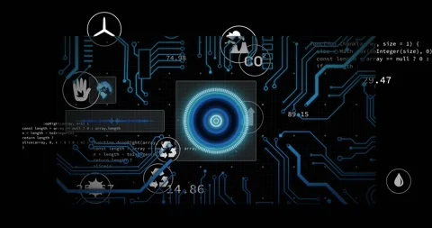 Opening dark grid causing hub pulsing, icons fading, code scrolling, visualizing Stock Footage 317594563