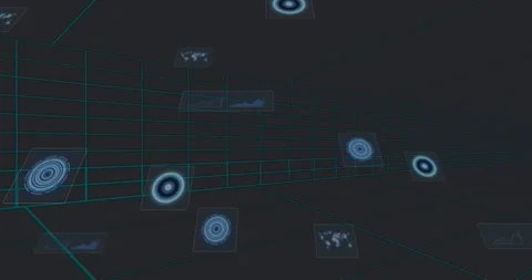 Opening dark grid corridor, target icons fading and panels shifting to show Stock Footage 320068798