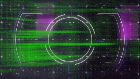 Opening dark grid HUD reticle showing rings flowing code sweeping scan glitching Stockbeeldmateriaal 328524438