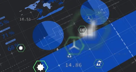 Opening dark grid interface animating bars, fading icons and rising charts, Stock Footage 312711913