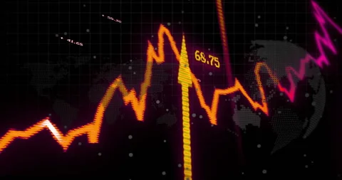 Opening dark grid over world map waveform scrolling magenta trailing bar pulsing Stock Footage 312759018