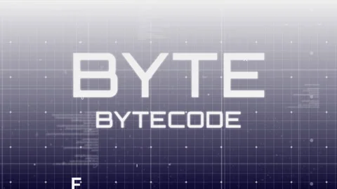 Opening dark grid presenting animated BYTE and BYTECODE at center, floating Stock Footage 311475097