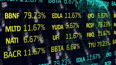 Opening on dark grid, tickers updating percentages while rotating globe Stock Footage 315534893