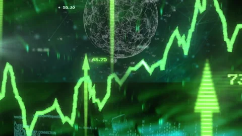 Opening dark interface, green chart scrolling and peaking with arrows over Stock Footage 310437992