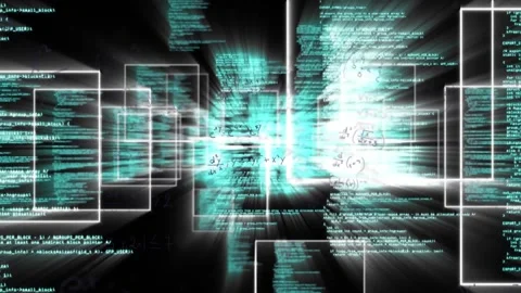 Opening on dark space with code windows streaming turquoise text converging into Stock Footage 317594345