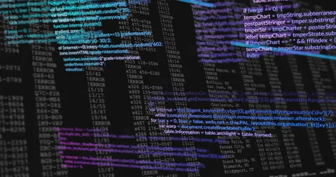 Opening dark terminal and scrolling cyan code while sliding purple fragments Stock Footage 311216867