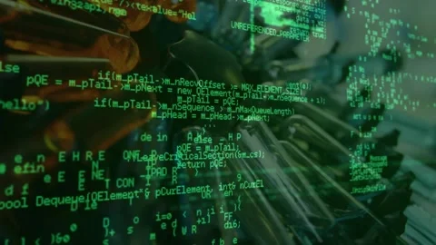 Opening dark view overlaying green code showing Python C++ fading into rotating Stock Footage 319573906