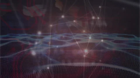 Opening dark virtual space initiating glowing nodes and waveform pulsing showing Video stock 311084570