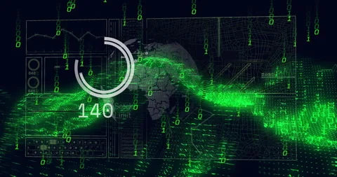 Opening dark void with binary code globe emerging, gauge counting up visualizing Stock Footage 312905382