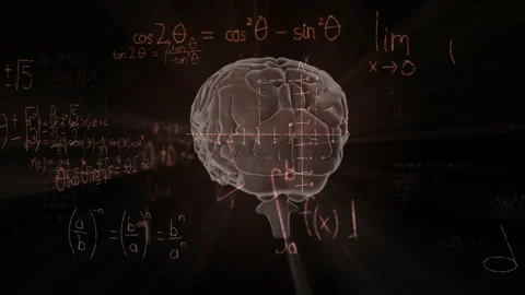 Opening dark void showing 3D brain rotating while math formulas appearing Stock Footage 312099744