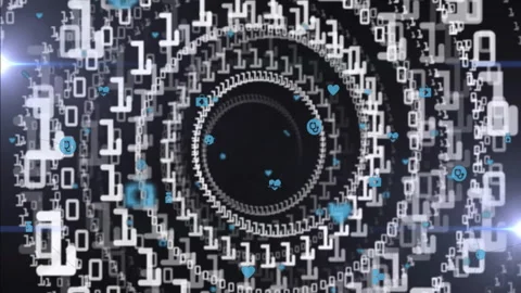 Opening dark void starting binary rings spinning, blue icons emerging, pulsing, Stock Footage 310141086