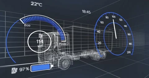 On opening dashboard 3D truck speeding and charging then slowing visualizing Stock Footage 330732908
