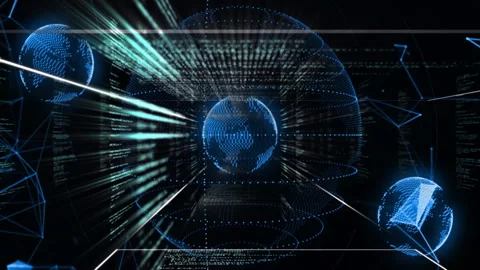 Opening data chamber grid enclosing globe, scrolling code, morphing cube Video stock 311141566