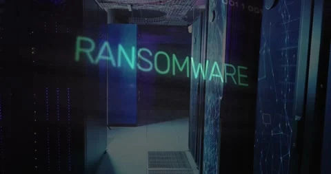 Opening data corridor, text flickering, morphing into glowing RANSOMWARE Stock Footage 329968711