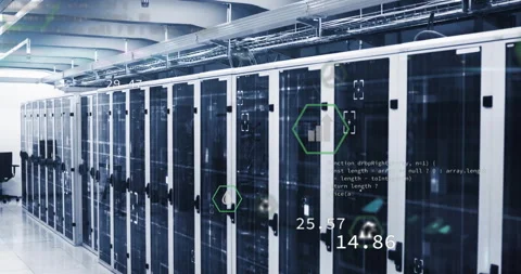 Opening data hall, server cabinets fading hex icons growing, updating metrics 動画素材 310282858