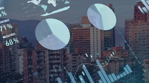 Opening data table and dial initiating analytics sliding over skyline, showing Stock Footage 323175396