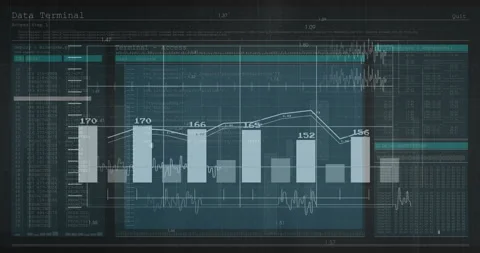 On opening data terminal, bar chart and line graph updating, shifting bars and Vídeos de archivo 310459526