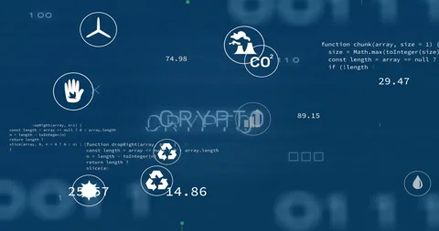 Opening deep blue grid visualizing eco data white circular icons drifting while 스톡 동영상 315559510