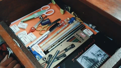 Opening Desk Drawer With Various School Supplies Arranged Before Studies Stock Footage 201469198