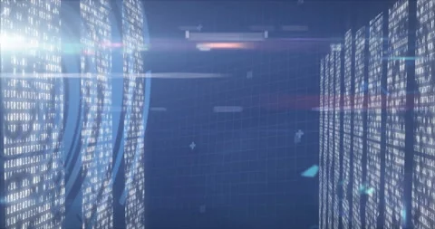 Opening digital data corridor sweeping lens flare while code snippets fading to Stock Footage 310438016