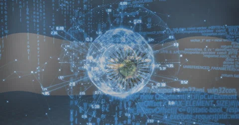 Opening digital globe activating nodes connecting lines over flag stripes while Stock Footage 312843109