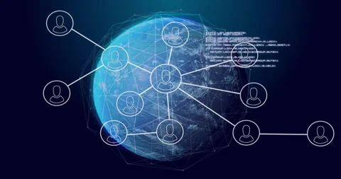 Opening digital globe launching node network forming hub, displaying icons, Stock Footage 314709806