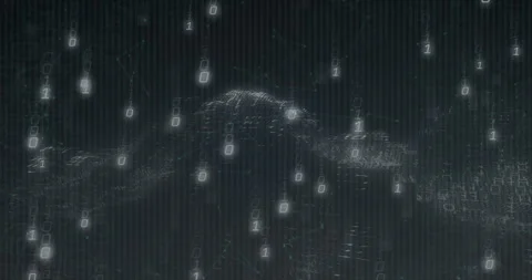 Opening digital grid showing binary code flickering and cascading over wavy mesh Stock Footage 314849473