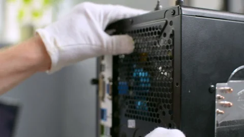 Opening disassembling PC personal computer black case master hand closeup 스톡 동영상 91215013