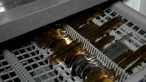 Opening Dishwasher with Clean Cutlery in Slow Motion Stock-Footage 319449512