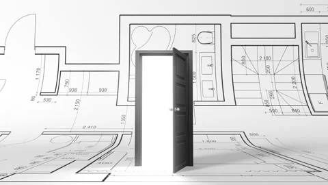 Opening door against paper project and sketch design of the new house Stock Footage 164181550