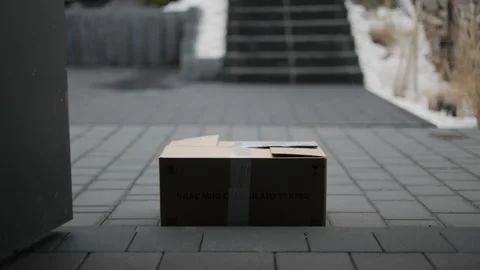 Opening the door with a courier parcel outside Stockbeeldmateriaal 273137964