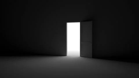 Opening the door in the dark, rays of light penetrate inside. The concept of a b Video stock 156528948