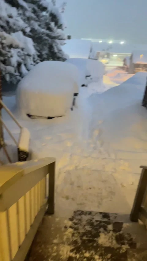 Opening the door to see deep snow covering cars and streets Video stock 302474332