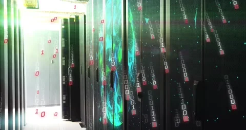 Opening doorway drifting binary streaming down main server racks pulsing globe Stock Footage 330729088