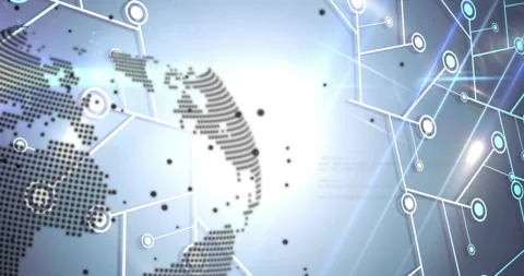 On opening dotted globe rotating left with glowing nodes forming and code Video stock 311916346